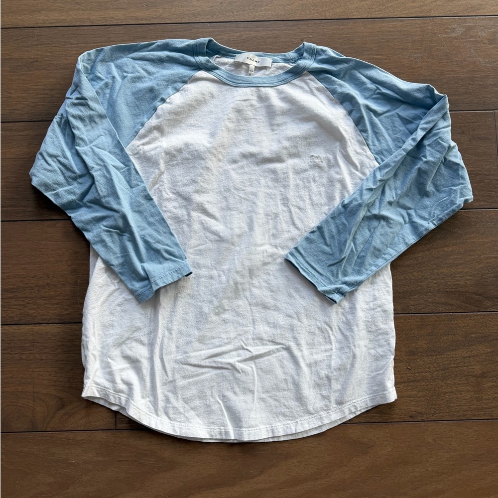 Frame Denim Blue and White Long Sleeve Raglan Tee